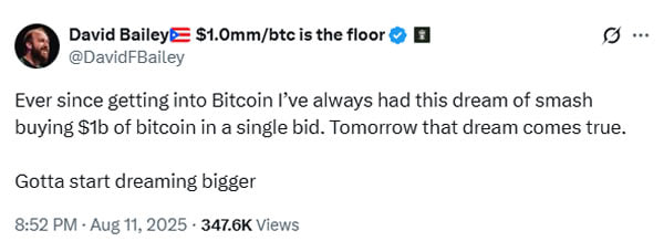 Советник Трампа готовит “smash buy” на $762M в BTC Дэвид Бейли, CEO Nakamoto Inc. и криптосоветник президента США, объявил о планах закупить ~6,400 BTC этой неделей по стратегии VWAP, чтобы не дернуть рынок. Сумма сделки — $762M, цель — войти в топ-холдеры BTC Бейли — ключевой архитектор биткоин-поворота Трампа и автор идеи PAC на $200M для лобби BTC в США Символ Nakamoto теперь — бычья лягушка: “кладоискатель и хищник, который ест всё, что растит BTC на акцию” В корпоративных казначействах биткоина всё больше: 221 компания держит 1,24M BTC. Сатоши твитнул