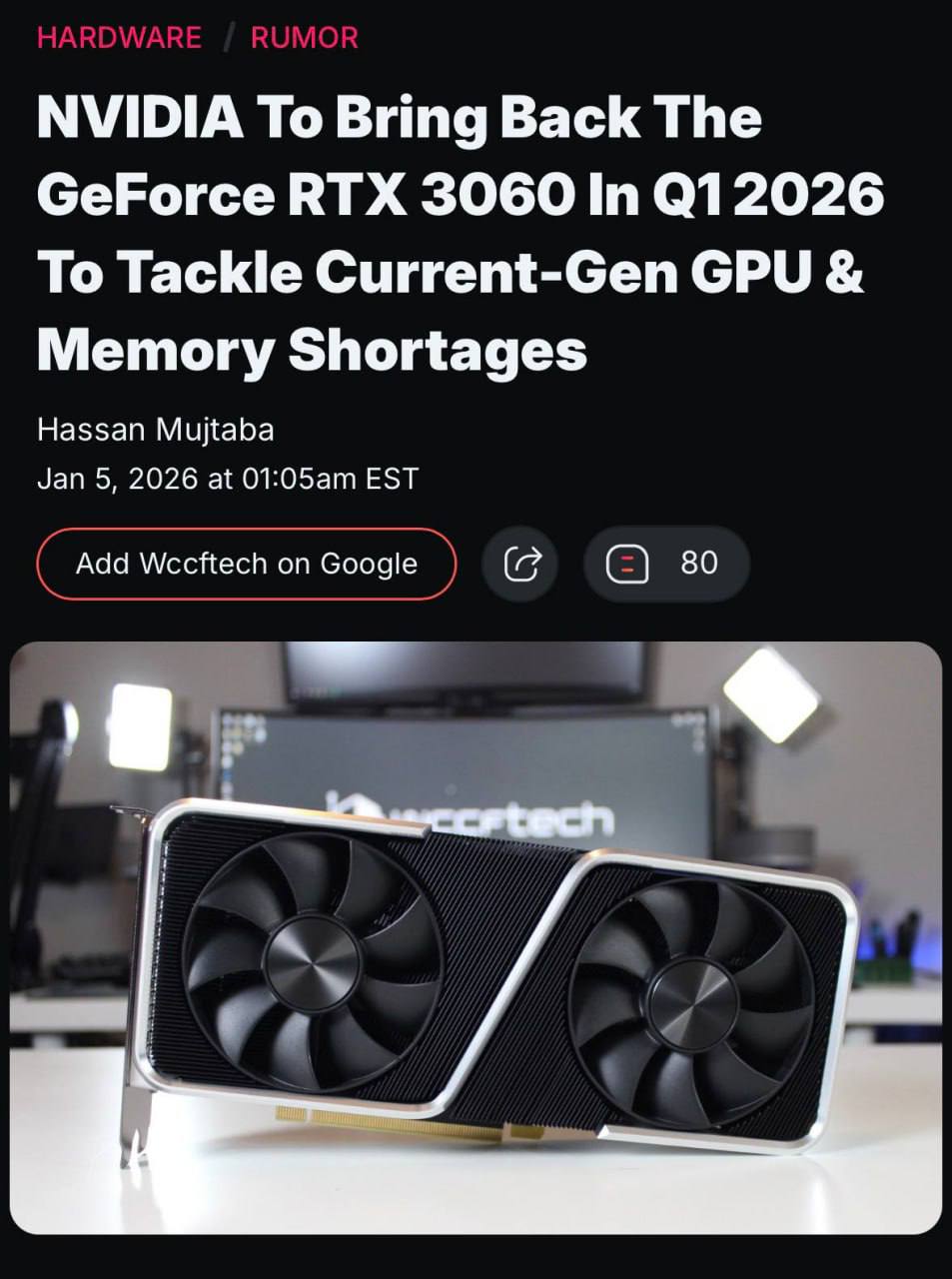 Nvidia вновь начнёт производить народную RTX 3060 Производство перезапустят в 2026 году чтобы частично разрядить рынок и дать доступную альтернативу на фоне дефицита памяти у новых моделей Захочется ли кому то покупать видеокарту 5 летней давности даже в условиях дефицита большой вопрос