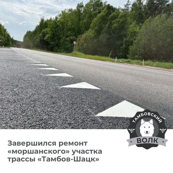 "Моршанский" участок трассы "Тамбов-Шацк" открыт после ремонта  Дорожники завершили реконструкцию 31-километрового участка от Моршанска до границы с Рязанской областью в запланированные сроки. В рамках работ полностью заменили асфальтовое покрытие, укрепили обочины, обновили разметку и дорожные знаки. Участок уже открыт для движения.   Тамбовский волк