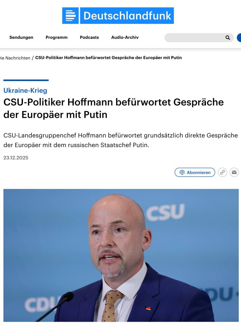 Лидер немецкой парламентской фракции ХДС Хоффманн в интервью Deutschlandfunk поддержал идею Макрона о возобновлении диалога с Россией Он выступил за прямые переговоры между ЕС и президентом России Владимиром Путиным Континент должен воспринимать себя как самостоятельного игрока на этом поле Европейские интересы должны быть представлены и это можно и нужно делать в переговорах с Путиным Однако крайне важно чтобы Европа говорила в один голос НАШИ РЕСУРСЫ Telegram Tik tok YouTube RUTUBE