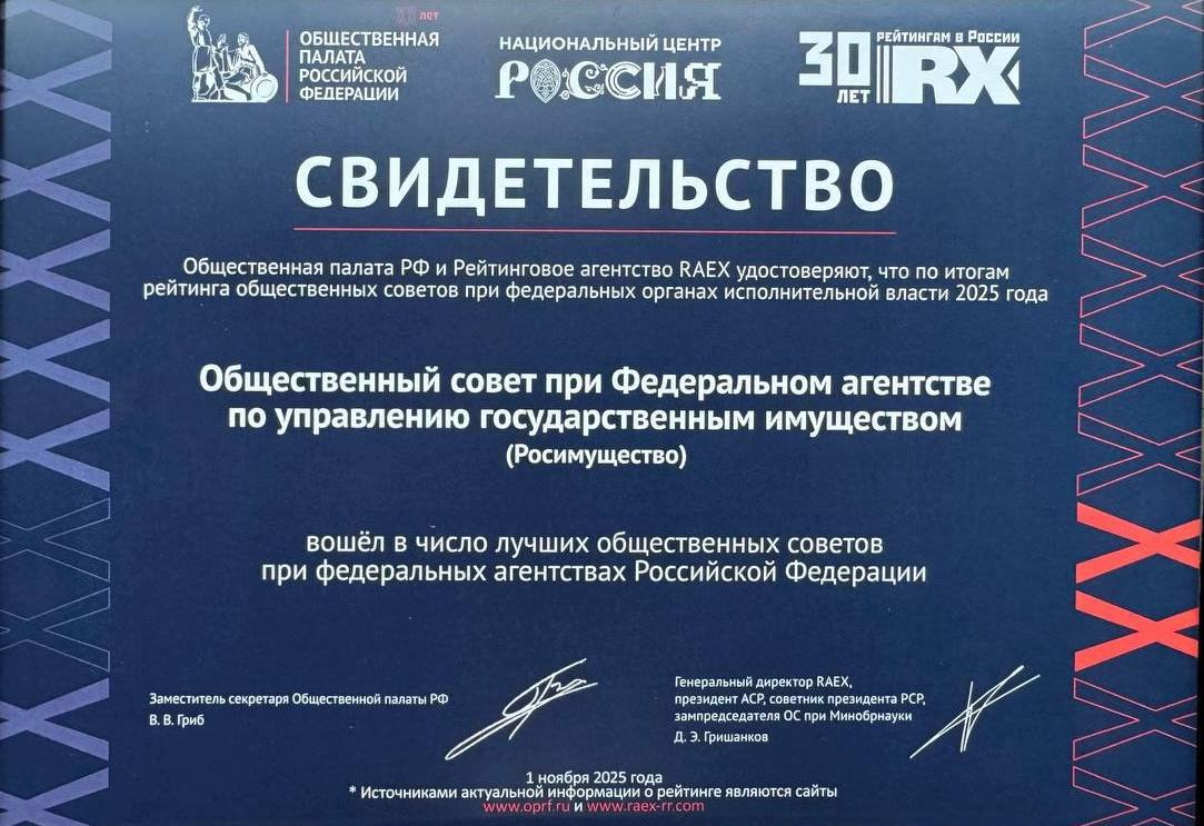 Общественный совет при Росимуществе вошел в число лучших советов при федеральных агентствах Российской Федерации В рамках итогового форума Сообщество Общественная палата Российской Федерации совместно с рейтинговым агентством РАЭКС Аналитика презентовала рейтинг общественных советов при федеральных органах исполнительной власти 2025 года Общественный совет при Росимуществе сохранил свои позиции в группе C средний уровень продемонстрировав стабильные результаты работы по осуществлению открытого взаимодействия между ведомством экспертным сообществом и гражданами Кроме того Общественный совет вошел в число лучших советов при федеральных агентствах Российской Федерации Этот успех был отмечен на церемонии награждения где генеральный директор рейтингового агентства РАЭКС Аналитика Дмитрий Гришанков вручил представителям Росимущества свидетельство подтверждающее место ОС в рейтинге Подписывайтесь на наши страницы в Telegram MAX VK ОК
