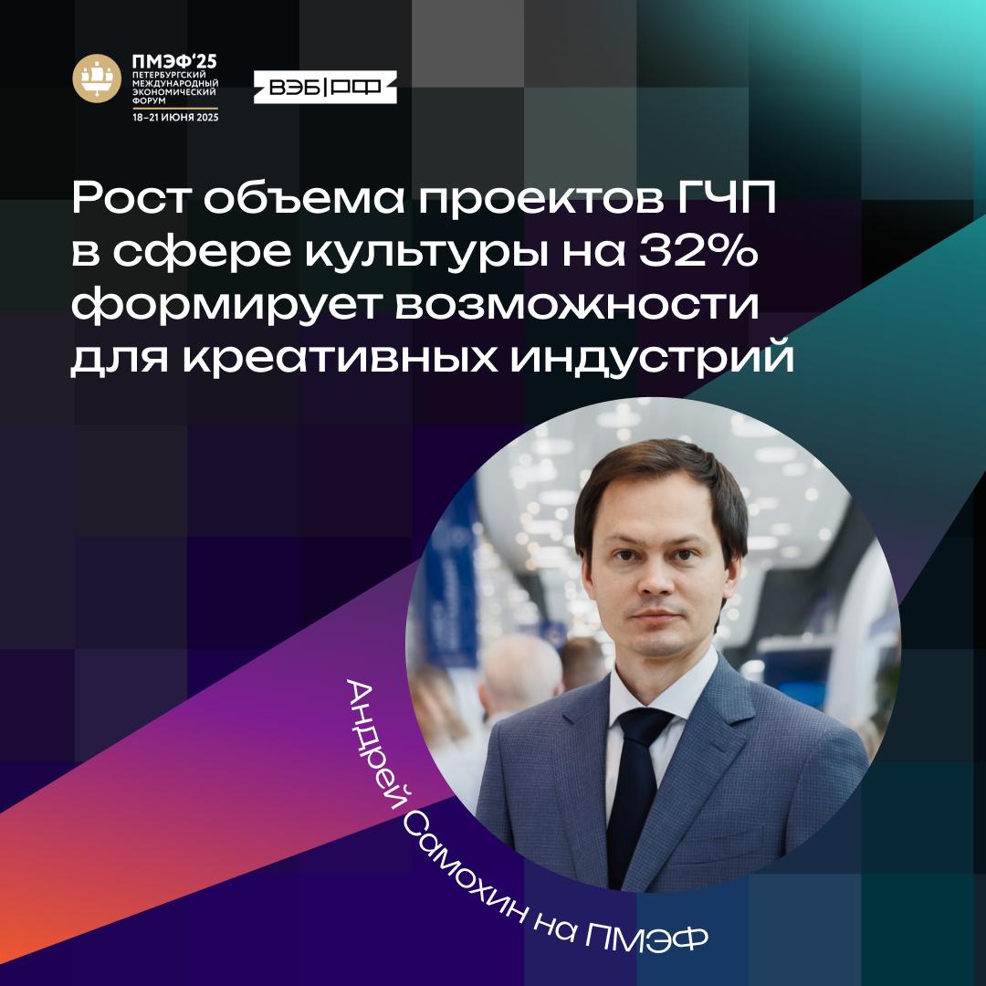Андрей Самохин на #ПМЭФ: рост объема проектов ГЧП в сфере культуры на 32% формирует возможности для креативных индустрий Об этом главный управляющий директор ВЭБа сообщил ТАСС по итогам дискуссии о развитии креативной экономики. Выводы: Совокупная стоимость проектов ГЧП в сфере культуры за полгода увеличилась более чем на 32% — до ₽ 55 млрд, это создает предпосылки роста креативных индустрий. По данным Наццентра ГЧП, в России реализуется 28 проектов ГЧП в сфере культуры и досуга, доля частных инвестиций в них превышает 70%. ГЧП на объектах образования, здравоохранения и транспортной инфраструктуры создает условия для развития креативных индустрий — архитектуры, дизайна и IT. Высокие результаты по данным Индекса ВЭБа — у Дубны, Иваново, Костромы, Краснодара, Мытищ, Сергиева Посада, Смоленска, Элисты и Якутска. Города с развитым культурным ландшафтом имеют на 15% выше интегральные показатели качества жизни и уверенный уровень сервисной экономики.