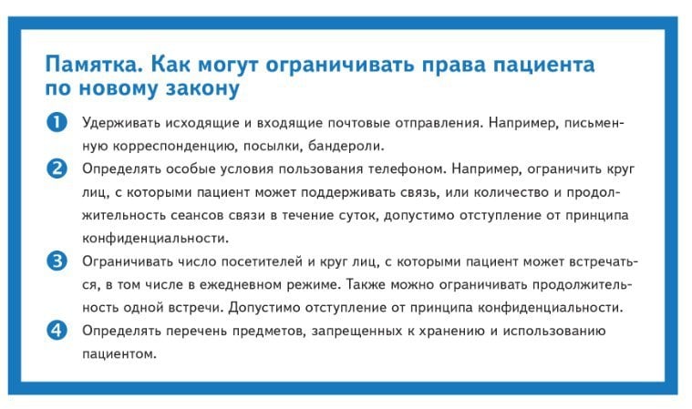 ‍ ‍  Новые правила оказания психиатрической помощи. Методичка по изменениям    Уточнили, кто проводит освидетельствование Например, в перечень добавили психические расстройства и расстройства поведения, связанные с употреблением психоактивных веществ. Их необходимо считать противопоказанием до прекращения диспансерного наблюдения в связи со стойкой ремиссией.     Подробнее прописали права пациентов, которые находятся в психиатрических стационарах Впервые установили формы ограничения их прав, например, пациенту могут ограничить число посетителей, а также продолжительность одной встречи  памятка . Решение принимает завотделением или главврач по рекомендации лечащего врача.   Читайте в полной версии методички:   Какие дополнительные обязанности возложили на психиатрические стационары?   Кто вправе защитить права и законные интересы лиц с психическими расстройствами?   Новые требования к организации посещений    Открыть доступ для всех сотрудников к методичке >>