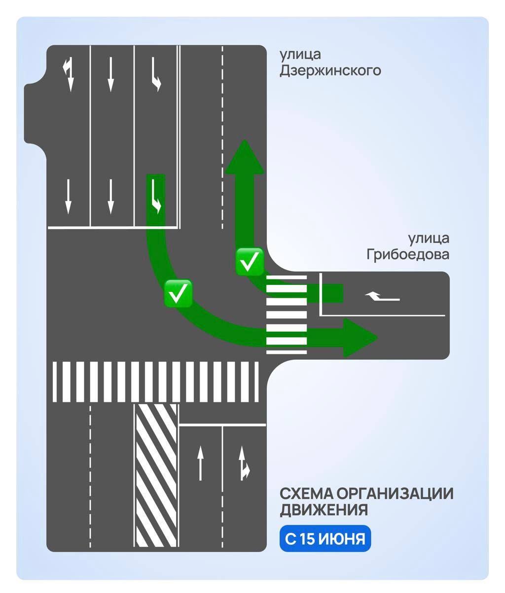 На двух перекрёстках улицы Дзержинского изменится организация дорожного движения C 15 июня специалисты изменят организацию дорожного движения на двух перекрёстках улицы Дзержинского, чтобы разгрузить транспортный поток в сторону центра. Что именно изменится? на пересечении улиц Дзержинского и Грибоедова: при движении в сторону центра добавится крайне левая полоса для поворота на улицу Грибоедова, а выезд с улицы Грибоедова на улицу Дзержинского будет возможен только направо — в сторону ТЦ «Красная Площадь». на пересечении улиц Дзержинского и Сафонова: при движении в сторону центра добавится крайне левая полоса для поворота на улицу Сафонова. На этих перекрестках будет обновлена разметка и дорожные знаки. Дептранс Краснодара просит автомобилистов на этих участках быть особенно внимательными. Красная площадь Хотите поделиться происходящим в вашем дворе? Прислать новость можно сюда