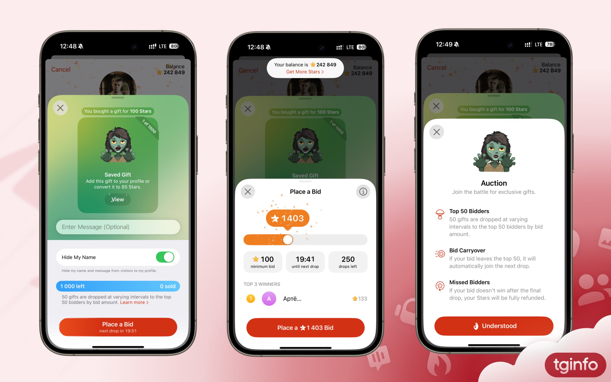 Аукцион для покупки лимитированных подарков в Telegram В Beta версии Telegram для iOS под номером 12 2 31682 обнаружена новая механика распределения подарков через аукцион Как сейчас работает аукцион 50 подарков раздаются с разными интервалами среди топ 50 участников с наибольшими ставками Если ставка выходит из топ 50 она автоматически переносится на следующий розыгрыш Если ставка не выиграет после финального розыгрыша звёзды будут полностью возвращены На текущий момент аукцион применяется к новым выпускаемым подаркам Будет ли работать система для ранее улучшенных подарков пока неизвестно Функция находится на стадии разработки и работает только на тестовом сервере В будущем особенности её работы могут измениться iOS beta