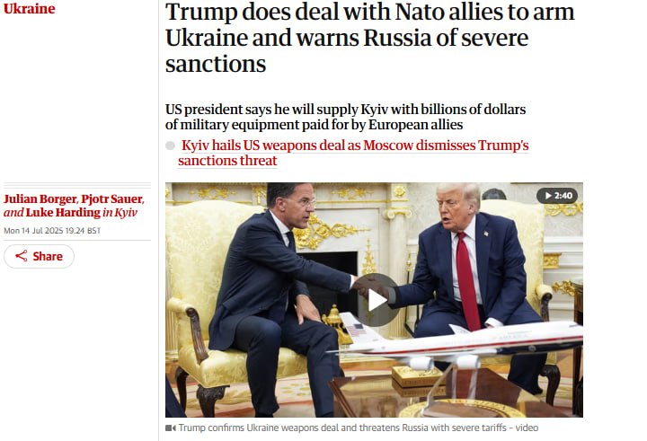 О чем пишут зарубежные СМИ Новые угрозы Трампа Economist: Угрозы введения пошлин, казалось, не произвели никакого впечатления на нефтяные рынки. Значит, есть сомнения в том, что их когда-либо вообще введут. New York Times: Трамп печально известен тем, что он устанавливает сроки, которые не соблюдает, что поднимает вопрос о том, предпримет ли он что-то, если 50-дневный таймер, установленный им для Путина, истечет. Guardian: Неопределенное объявление Трампа о поставке вооружения Украине знаменует разворот на 180 градусов. Перестановки в украинском правительстве New York Times: Политические оппоненты Зеленского усомнились, действительно ли смена премьера представляет собой изменения, посчитав, что этот шаг направлен на назначение лояльной фигуры. Financial Times: Будущий премьер Юлия Свириденко считается близким союзником Андрея Ермака, влиятельного главы администрации Зеленского. Также считается, что у нее прочные связи с командой Трампа. Politico: Некоторые представители оппозиции утверждают, что администрация президента берет на себя чрезмерно властную роль в назначении кандидатов. Новые пошлины ЕС для США Wall Street Journal: Для ЕС трудность в рассмотрении любых возможных ответных мер заключается в том, что Трамп увязал пошлины с вопросами, не связанными с торговлей. Telegraph: У ЕС теперь есть свежий список продуктов американского импорта на сумму 72 миллиарда евро, которые можно обложить пошлинами. Но Брюссель воздерживается от использования этих контрмер. Politico: Еврокомиссия пытается сделать так, чтобы со стороны не казалось, будто она уступает главе Белого дома, и стремится продемонстрировать, что она также может побороться. / Все наши каналы