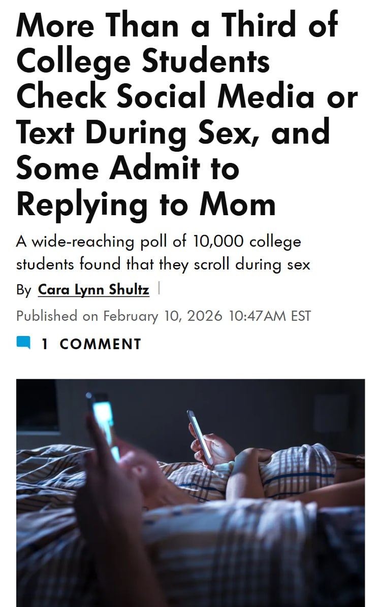 Зумеры скроллят ленту прямо во время секса об этом стало известно после опроса 10 000 студентов Аж 35 опрошенных заявили что сидят в соцсетях во время секса отвечают на сообщения и даже переписываются с мамой Ничего святого у этой молодёжи