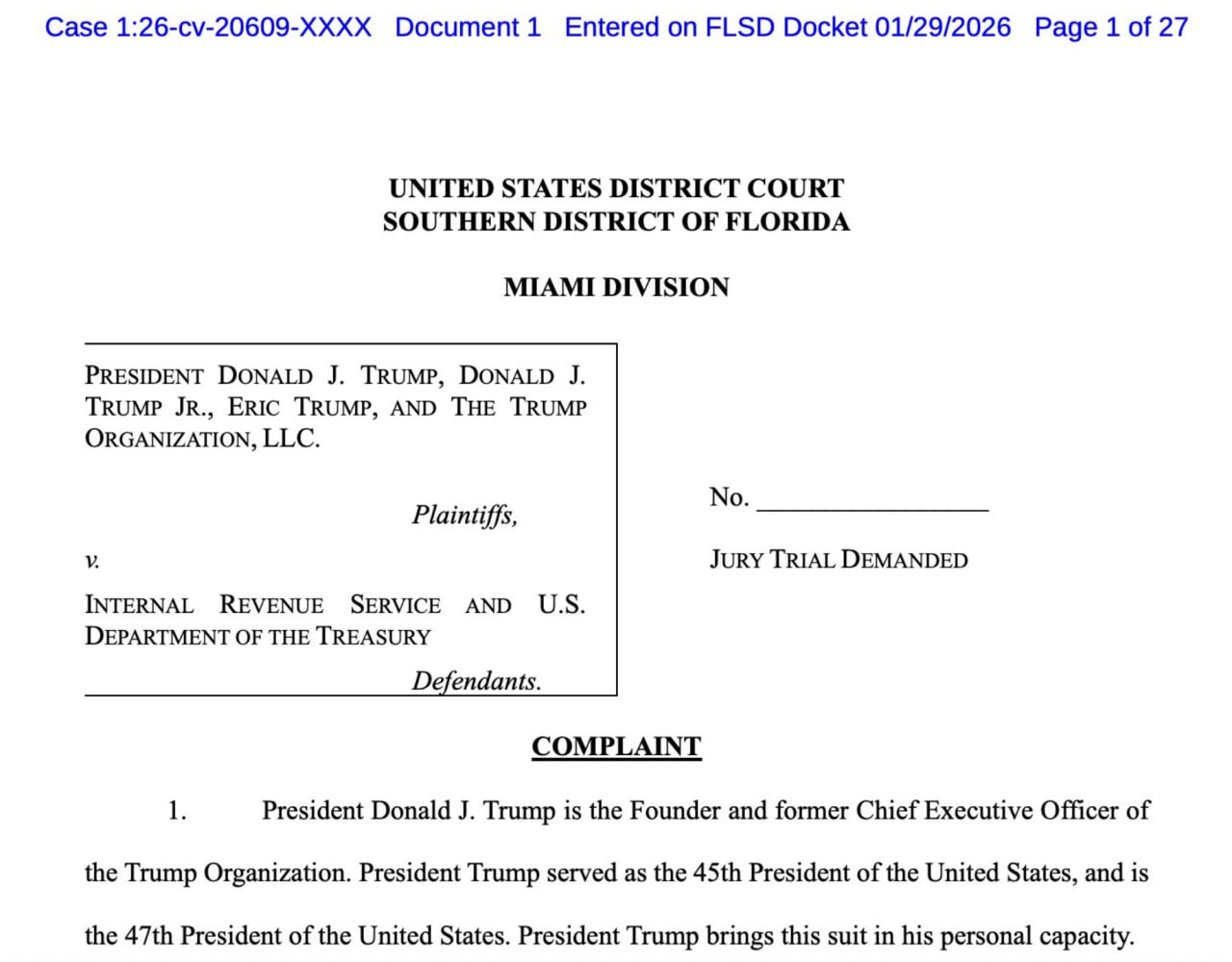 Дональд Трамп как физическое лицо его дети Дональд мл и Эрик а так же Trump Organization подали иск к Налоговой службе и Казначейству о взыскании 10 млд долларов за то что Налоговая служба допустила утечку налоговых деклараций истцов в 2017 году контрактор службы Charles Littlejohn незаконно передал журналистам ProPublica тысячи страниц деклараций большого количества богатых людей США и сейчас отбывает срок 5 лет за это