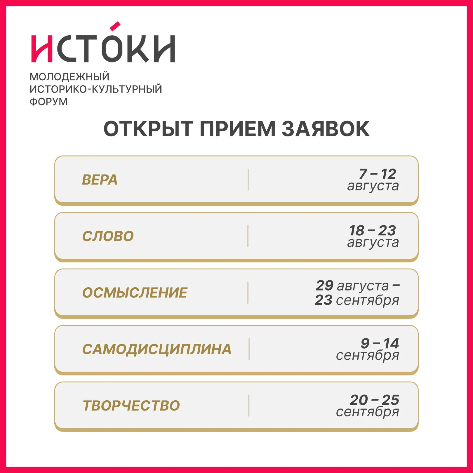 Молодежь Камчатки приглашают принять участие в молодежном историко культурном форуме Истоки К участию приглашаются молодые журналисты редакторы PR менеджеры молодые социологи политологи философы тренеры и специалисты в области физической культуры и спорта молодые режиссеры и сценаристы художественного кино и театра Заявки на участие рассматриваются от кандидатов в возрасте от 18 до 35 лет Мероприятие пройдет с 7 августа по 25 сентября и объединит более 700 молодых людей со всей России Участники получат возможность подать заявку на конкурс Росмолодежь Гранты и выиграть финансирование до 1 млн рублей на реализацию собственных социально значимых инициатив Форум реализуется в рамках федерального проекта Мы вместе Воспитание гармонично развитой личности национального проекта Молодежь и дети по поручению президента России Организатором выступает Роспатриотцентр Подать заявку можно по ссылке clck ru 3SqjJt