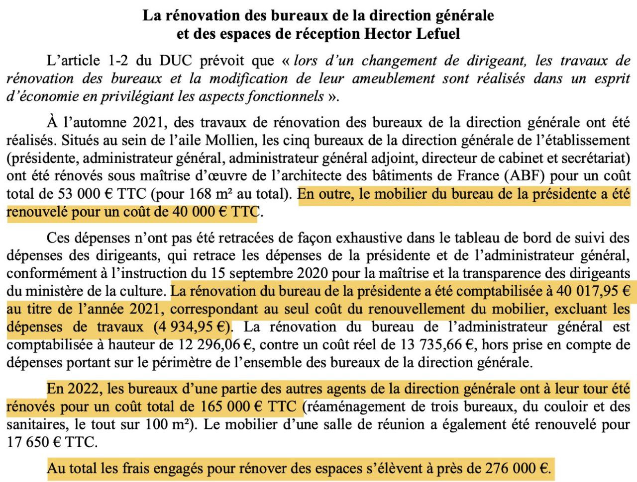 Директор Лувра Лоранс де Кар в первую очередь переоборудовала свой кабинет за 40 000 евро в рамках реновации административного пространства стоимостью 276 000 евро сразу после своего прихода в 2021 году В то же время Счётная палата отмечает что только 39 помещений музея оснащены хотя бы одной камерой видеонаблюдения Для сравнения 276 000 евро эквивалентны более чем 300 профессиональным камерам banksta