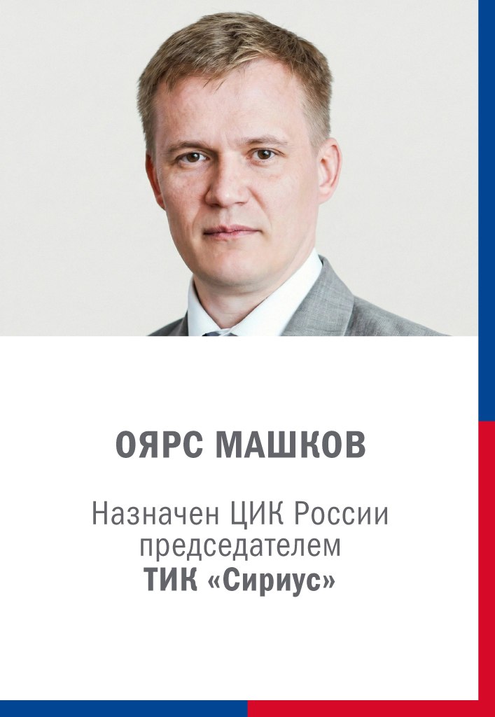 ЦИК России сформировала новый состав территориальной избирательной комиссии федеральной территории Сириус В нее вошли 11 членов комиссии с правом решающего голоса Председателем ТИК Сириус назначен Оярс Юрисович Машков имеющий опыт работы в Избирательной комиссии Хабаровского края Первое заседание нового состава ТИК Сириус состоится не позднее 25 февраля 2026 года