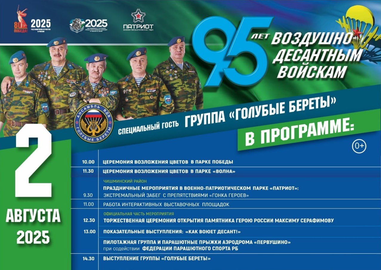 День ВДВ в Уфе — афиша 2 августа парк «Патриот» станет главной площадкой. В целях обеспечения безопасности дорожного движения парковка по ул. Комарова возле парка Победы будет закрыта с 8:00 до 12:00.