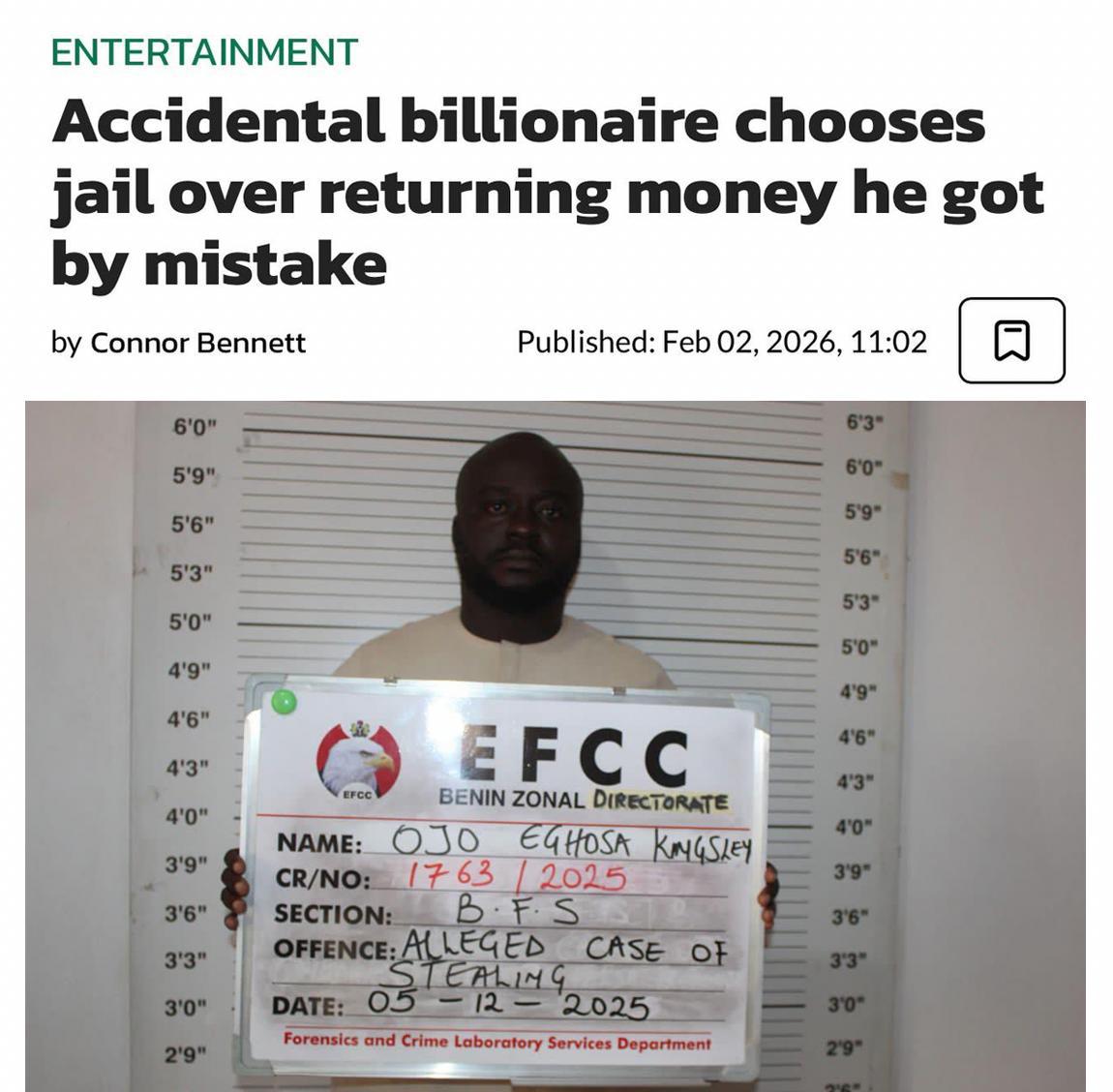 Мужчина из Нигерии год провёл в тюрьме после того как из за банковской ошибки получил более 1 млн на счёт Счастливчик сразу побежал тратить средства Суд вскоре постановил что делать это было незаконно Ему дали выбор штраф 35 тыс или тюремный срок на год Нигириец выбрал второй вариант а банку удалось вернуть почти всю сумму investingcorp