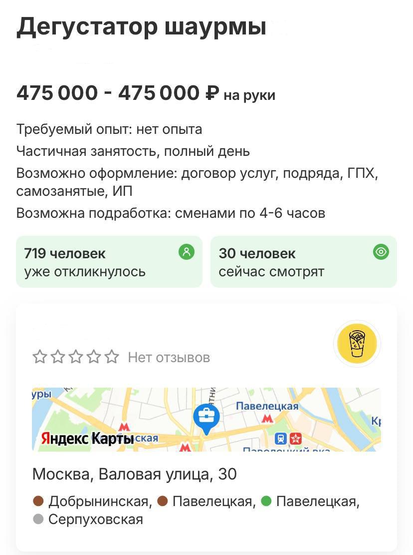 475 тысяч рублей предлагают дегустатору шаурмы в Москве. Найдена вакансия мечты.