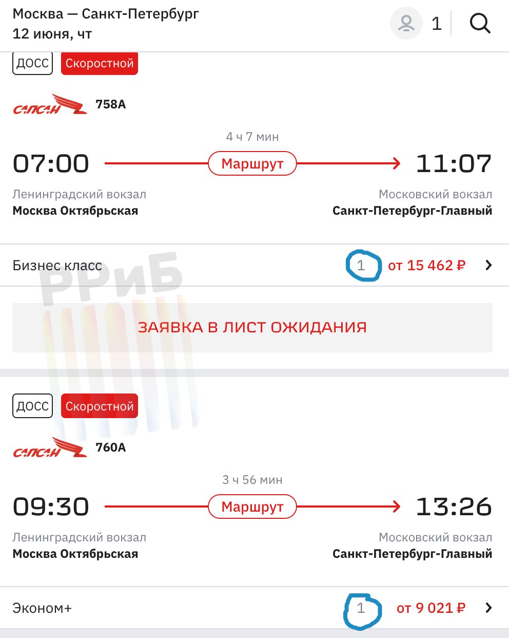 Москвичи раскупили почти все билеты в Питер на длинные выходные и ПМЭФ. Сложнее всего найти места на Сапсан. Билеты на даты с 12 по 15 и с 18 по 21 июня разлетаются как горячие пирожки.   Остались варианты только в плацкарт и на непопулярное время: позднюю ночь или раннее утро. Можно улететь на самолёте, но минимум за 7 тысяч без багажа. Билеты в Москву на воскресенье стоят также от 7,7 тысяч.