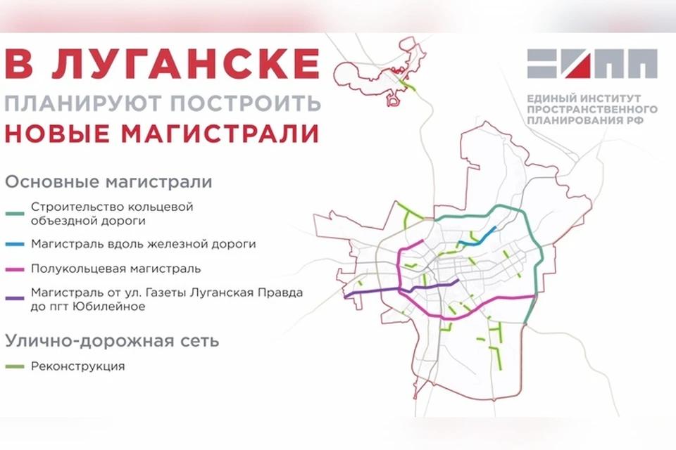 В Луганске хотят достроить объездную дорогу и построить новые магистрали    Единый институт пространственного планирования РФ, работая над мастер-планом и проектом генерального плана Луганска, представил рекомендации по совершенствованию транспортной инфраструктуры города.  Чтобы улучшить связь между разными районами, специалисты предложили создание новых магистралей. Одна из них пролегает в северной части города вдоль железнодорожных путей, соединяя Каменнобродский район, улицы Артёма и Линию Железной дороги с районом Большая Вергунка. Другая – начинается от улицы Коминтерна на западе, проходит по улице Победоносной через южные районы города, достигает проезда Оборонного и улицы Гастелло, а затем выходит к проектируемой кольцевой объездной дороге. Третья магистраль свяжет улицы Газеты Луганская Правда и Грабовского, через поселок Юбилейное выйдет к трассе Р-150, ведущей в сторону Алчевска и Донецка.