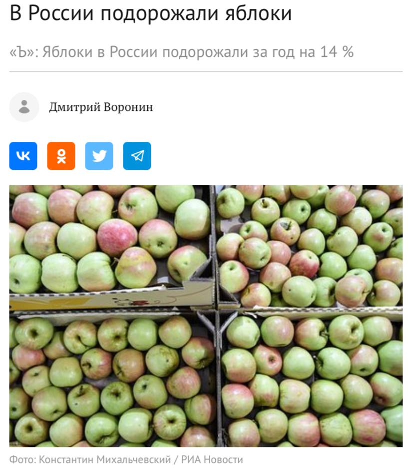 В России подорожали яблоки к концу августа 2025 года средняя розничная стоимость яблок выросла на 14 год к году превысив 140 руб за килограмм пишет Коммерсантъ Основные причины погодный фактор рост расходов на оплату труда сезонных рабочих логистику закупку необходимых материалов саженцев машин оборудования и запчастей Сейчас российский рынок ощущает последствия неожиданных весенних заморозков в 2024 2025 годах крайне неблагоприятно отразившихся на урожае отмечают участники рынка