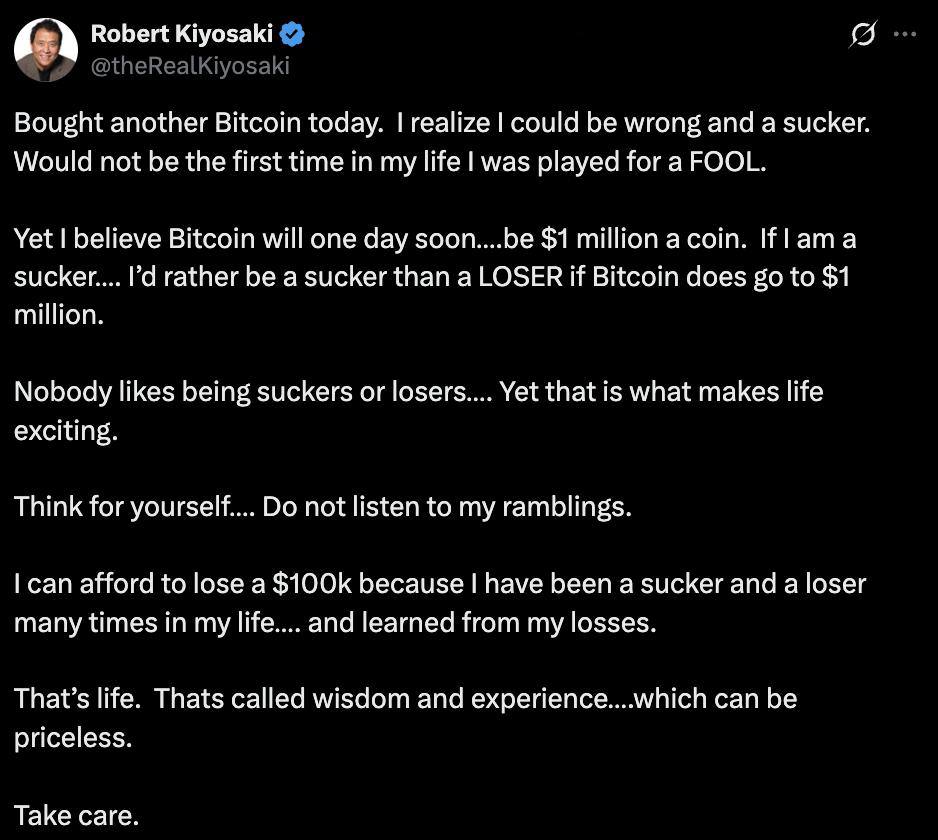 Роберт Киосаки приобрел еще 1 BTC и заявил — лучше быть лохом, чем неудачником