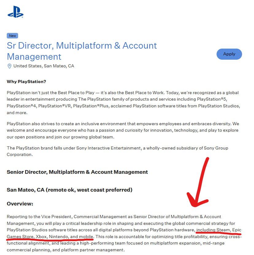 Свеженькая вакансия Sony намекает, что компания планирует издавать игры не только в Steam, но и в Epic Games Store, на Xbox и на консоли Nintendo. Впрочем, на Xbox и на Switch они и так как издатели уже выступают, а EGS, возможно, упомянули просто до кучи. Но посмотрим.