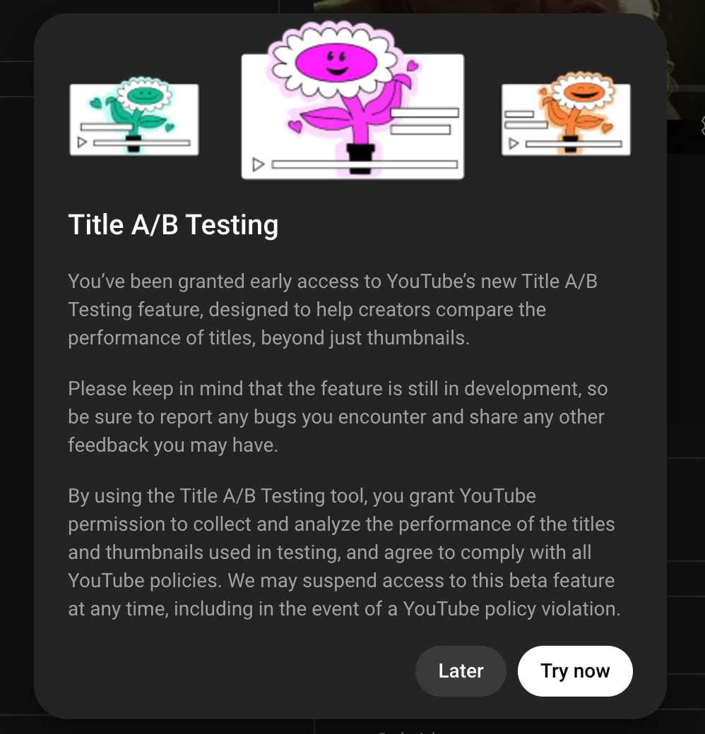 YouTube выкатил A B тесты для оформления роликов Теперь можно запускать один из трёх вариантов либо только заголовков либо только превью либо связку заголовок превью Система сама покажет что лучше цепляет аудиторию Ютуберы ждали этого 15 лет и наконец дождались