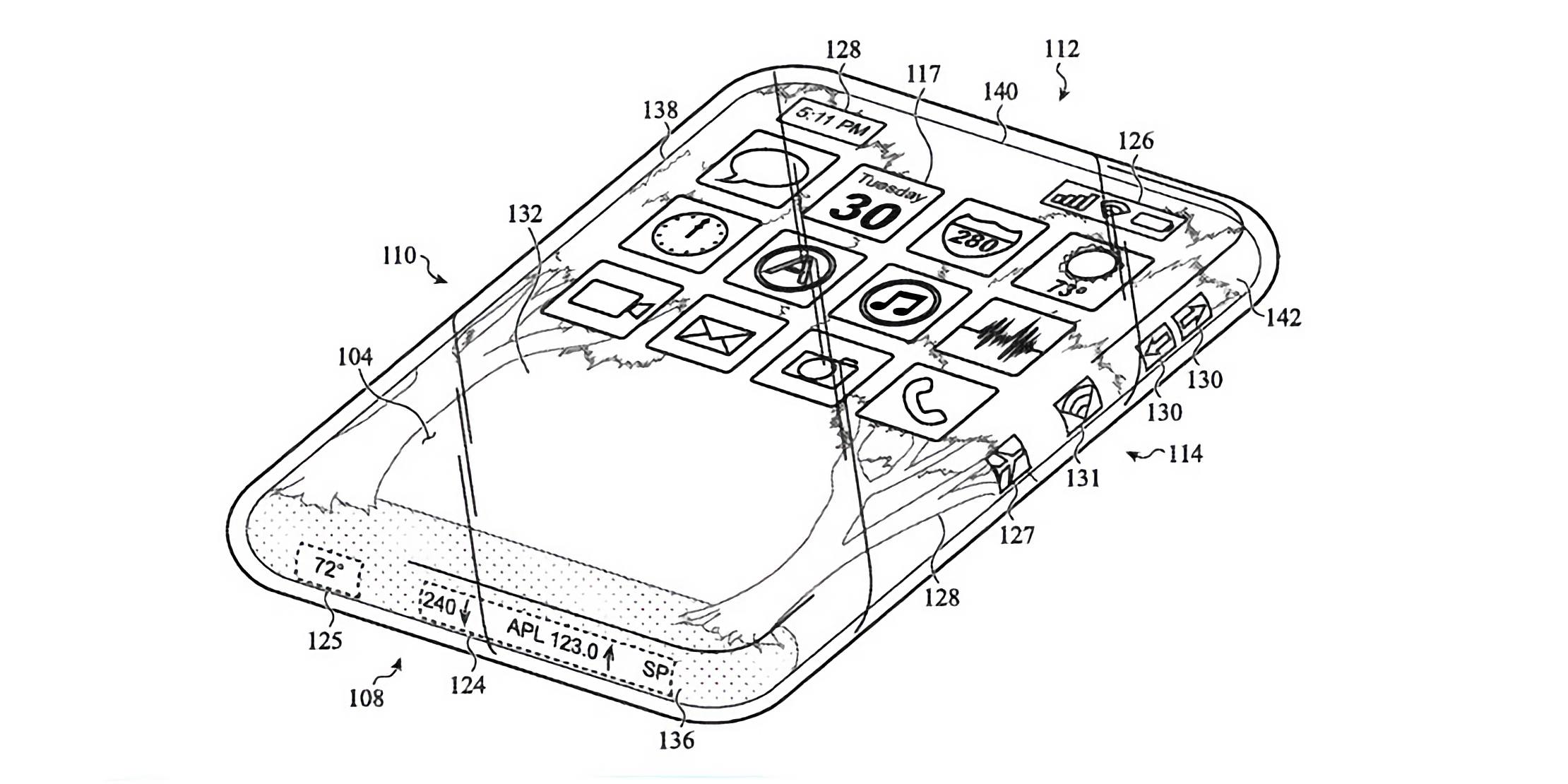 #патент Apple на полностью стеклянный iPhone  Согласно опубликованной на днях текстовой версии патента – это электронное устройство включающее в себя шестигранный стеклянный корпус, образующий внутренний объём и содержащее первый стеклянный элемент и второй стеклянный элемент. Первый стеклянный элемент – образует, по меньшей мере, часть первой основной стороны шестигранной стеклянной оболочки, по меньшей мере, часть периферийной стороны шестигранной стеклянной оболочки, первую область вдоль периферийной стороны и имеющий вторую толщину, отличную от первой толщины. Второй стеклянный элемент – прикреплён к первому стеклянному элементу и образует, по меньшей мере, часть второй основной стороны шестигранного стеклянного корпуса. Электронное устройство дополнительно включает в себя сенсорный дисплей, расположенный во внутреннем объёме и примыкающий, по меньшей мере, к части каждой из шести сторон шестигранного стеклянного корпуса.  Корпус может казаться визуально и тактильно бесшовным, так что может казаться, что весь корпус выполнен из цельного куска стекла  даже если он может быть выполнен из множества отдельных частей, соединённых вместе . Электронное устройство может дополнительно включать в себя сенсорный дисплей в сборе, прикреплённый к внутренней поверхности корпуса и сконфигурированный для отображения графических выходных данных, видимых, по меньшей мере, через часть каждой из двух основных сторон и, по меньшей мере, часть каждой из четырёх периферийных сторон корпуса, и обнаружения используемых сенсорных способов управления.  Такая детальная характеристика описана неслучайно – патентуемые технологии имеют свою уникальность, а аналогов подобным патентам ранее не было зарегистрировано. По последним слухам, Apple выпустит такой полностью стеклянный iPhone на 20-летний юбилей.
