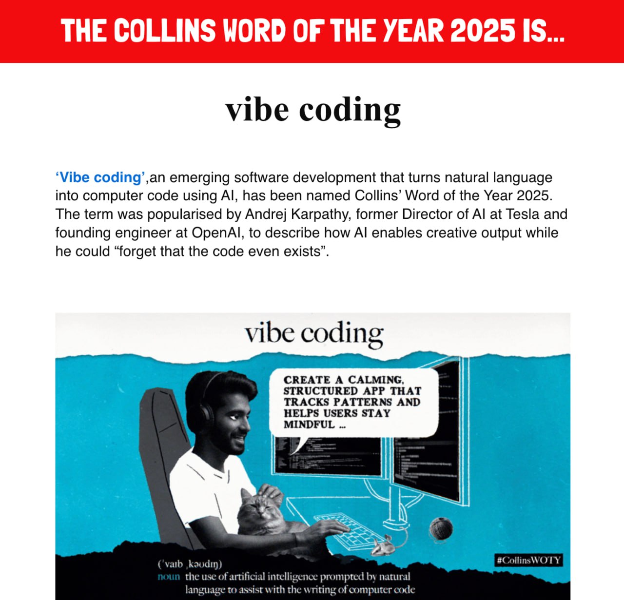 Главным словом 2025 года стал вайбкодинг vibe coding так решили в британском словаре Collins Этим термином называют написание кода с помощью нейронок Его придумал сооснователь OpenAI Андрей Карпаты Поздравляем всех вайбкодеров Вы победили бролигархов аура фарминг и микро пенсию