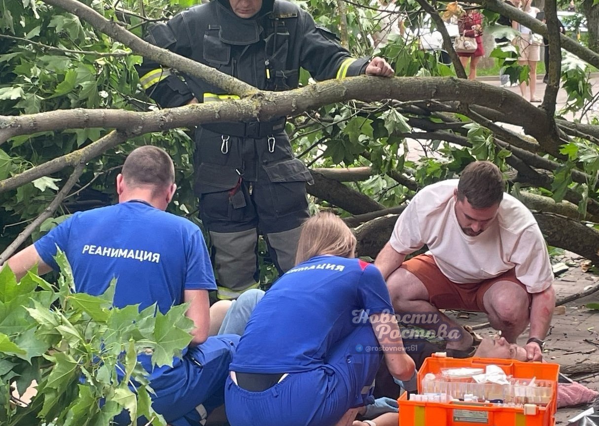 Еще кадры с места падения дерева на женщину в центре Ростова Напомним, инцидент произошёл на Пушкинской рядом с домом № 139. По словам очевидцев, из-за сильного порыва ветра дерево сначала накренилось, а затем сломалось. Женщина оказалась в зоне падения и не успела увернуться — ствол прижал её к земле. Прохожие бросились на помощь, руками разгребли сломанные ветки и вызвали скорую. Медики оказали пострадавшей первую помощь на месте. Состояние женщины уточняется. Подписаться на "Новости Ростова" Прислать новость