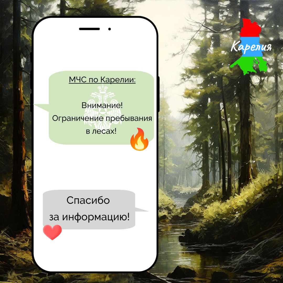 Внимание! Высокий класс пожарной опасности!   По информации Карельского ЦГМС – филиала ФГБУ «Северо-Западное УГМС»: с 25 сентября местами по южным и восточным районам Республики Карелия ожидается высокая пожарная опасность 4 класса.  Советы от МЧС России:  Не сжигай сухую растительность.  Воздержись от посещения лесов и разведения там огня.  Не выбрасывай в лесу мусор, стёкла и непотушенные сигареты.  Увидел лесной пожар или задымление? Обеспечь собственную безопасность и незамедлительно сообщи информацию о существующей угрозе и факте возникновения пожара на единый телефон экстренных служб    #МЧСРоссии #МЧСКарелии #МЧС