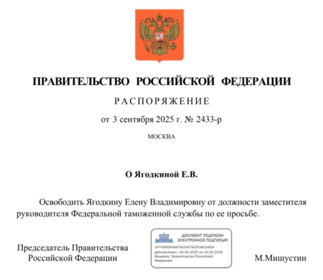 Елена Ягодкина попросила освобождения от должности заместителя руководителя Федеральной таможенной службы на которой ей удалось потрудиться шесть лет Вообще её задержали в 2024 году за выдачу акцизных марок с помощью которых была реализована контрафактная алкогольная продукция сообщают коллеги из politjoystic