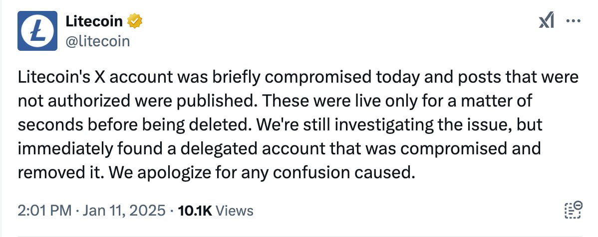 Учетная запись Litecoin в X подверглась взлому. Хакеры продвигали мошеннический токен.   «LTC теперь в Solana», — говорилось в уже удаленной фейковой публикации, в которой заметили грамматические ошибки.  К посту злоумышленники прикрепили адрес созданной на Pump fun монеты.  Позднее команда Litecoin восстановила доступ и выложила предупреждение для пользователей. По словам представителей проекта, взлом произошел из-за компрометации делегированного аккаунта.   Новости   AI   YouTube