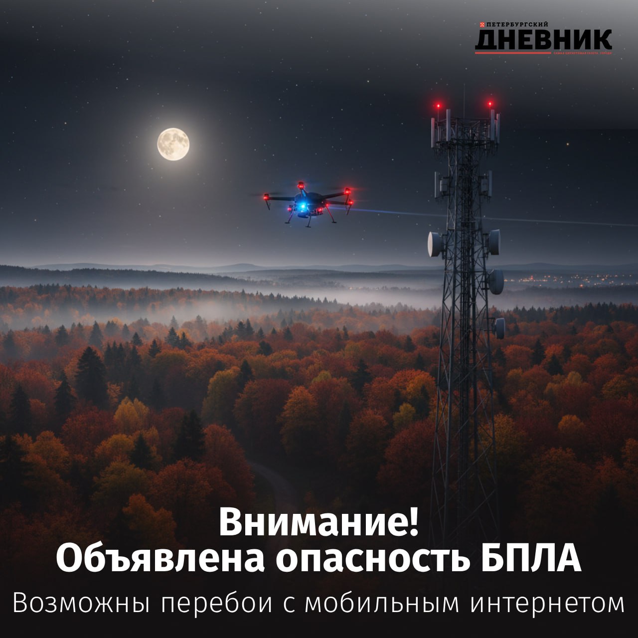Внимание объявлена опасность БПЛА в Ленинградской области Жителям региона сообщили об угрозе связанной с появлением беспилотных летательных аппаратов в воздушном пространстве Ленобласти Возможны временные перебои и снижение скорости мобильного интернета Просьба сохранять спокойствие и следить за официальными сообщениями Фото DALL E Подписаться на Петербургский Дневник в МАХ