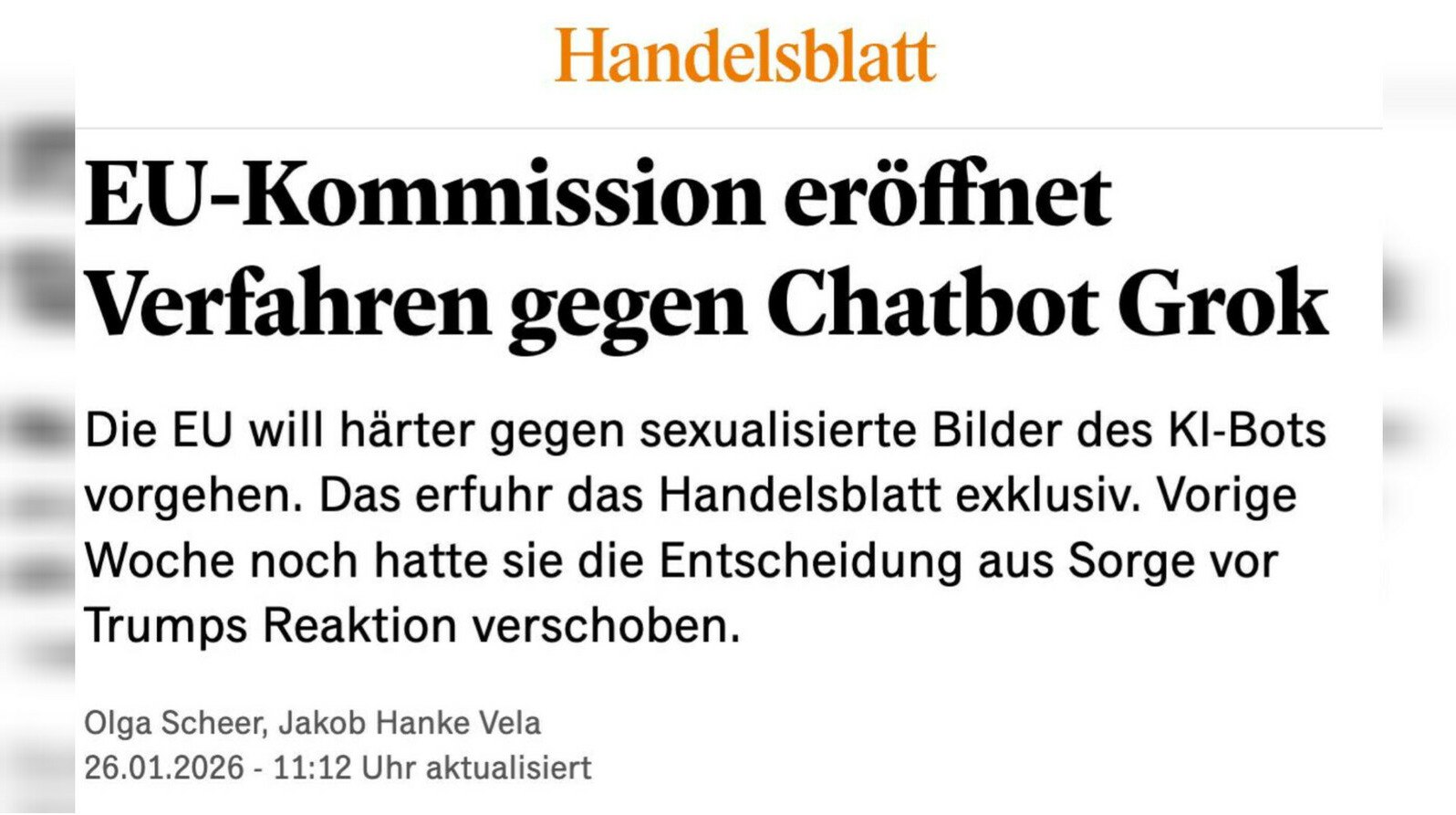 Grok раздевал людей в соцсети Х Еврокомиссия начала проверку Власти ЕС начали проверку чат бота Grok который генерировал обнаженные изображения людей в X передает ArbatMedia Еврокомиссия запустила официальное расследование в отношении искусственного интеллекта Grok Об этом пишет издание Handelsblatt ссылаясь на собственные источники Старт проверки отложили примерно на семь дней Причиной стали опасения относительно возможной реакции Дональда Трампа который в те дни находился в Давосе Представители социальной сети X ранее заявили что функция создания обнаженных изображений будет отключена в государствах где подобные действия нарушают законодательство Прислать новость