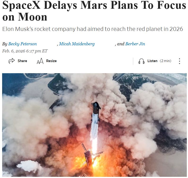 SpaceX откладывает запланированную на 2026 год миссию к Марсу WSJ Вместо этого в компании сосредоточатся на реализации лунной программы NASA Беспилотная высадка на Луну намечена на март 2027 года