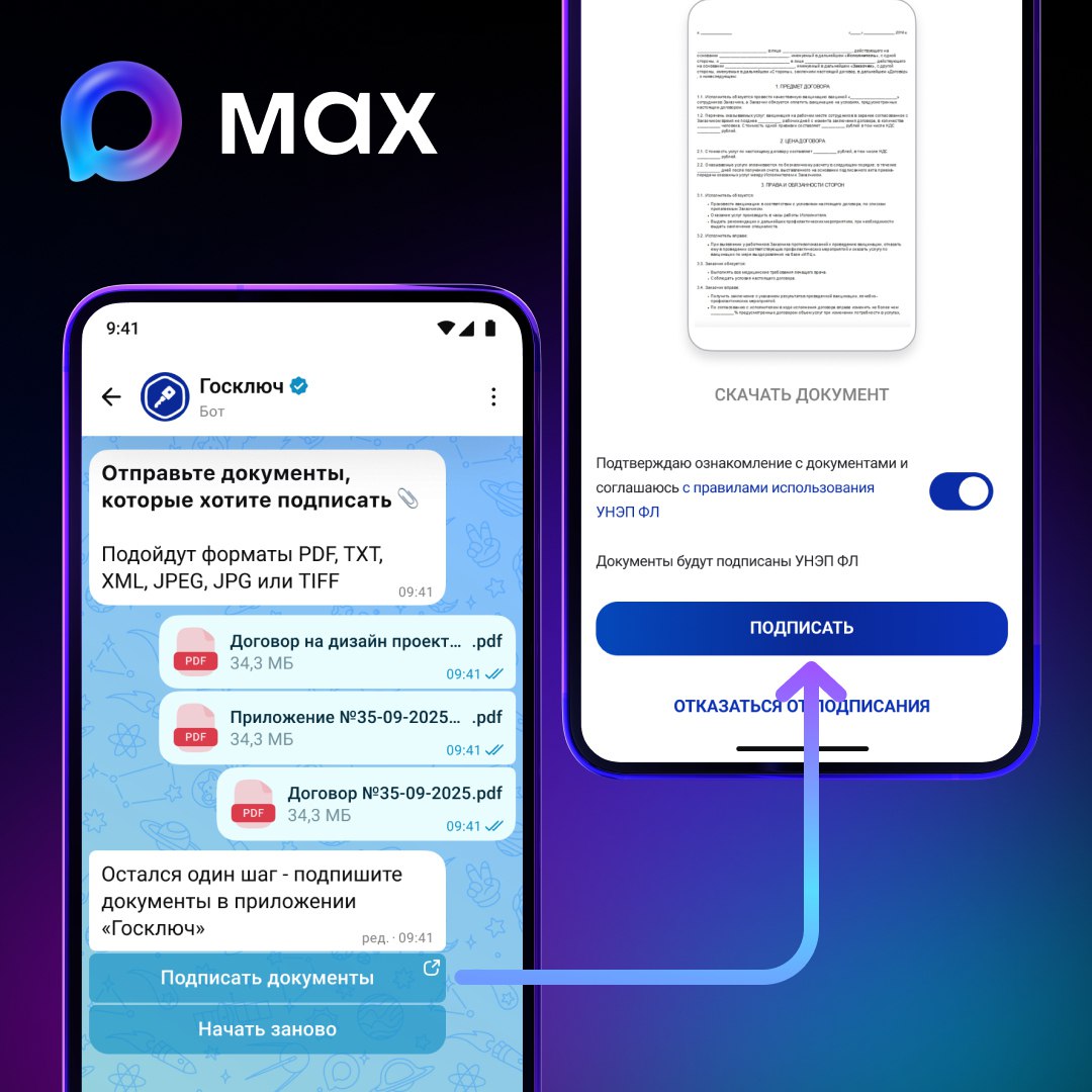 В августе 2025 года Max встроил технологию электронной подписи Госключ направлять документы на подписание в мессенджере могли компании Теперь пользователи могут сами подписать документы и отправить их собеседнику с помощью чат бота vc ru services 2260137