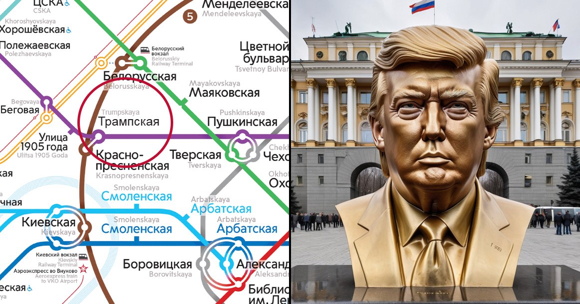 Путину предложили поставить Трампу памятник в Москве и переименовать «Баррикадную» в «Трампскую»  Агентство «Главпиар» направило Владимиру Путину официальное обращение с предложением наградить Дональда Трампа за победу на выборах, чтобы укрепить российско-американские отношения.  Во-первых, 2025 год в России предлагают объявить годом Трампа. Во вторых, президенту стоит подумать над тем, чтобы временно переименовать станцию метро «Баррикадная», рядом с которой находится посольство США, в «Трампскую», чтобы символически убрать «баррикады» между нашими странами.  Более того, в компани посчитали, что было бы неплохо поставить Трампу памятник в Москве и дать ему название «Золотой король твитов». Он бы неплохо смотрелся рядом с бронзовым бюстом Владимира Путина, который недавно пополнил музей РАХ на Пречистенке.