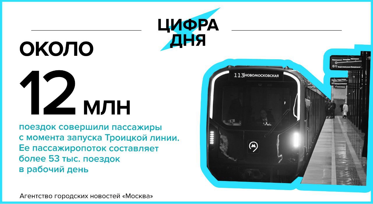 Цифра дня 12 августа: Около 12 млн поездок совершили пассажиры с момента запуска Троицкой линии.    «Москва»