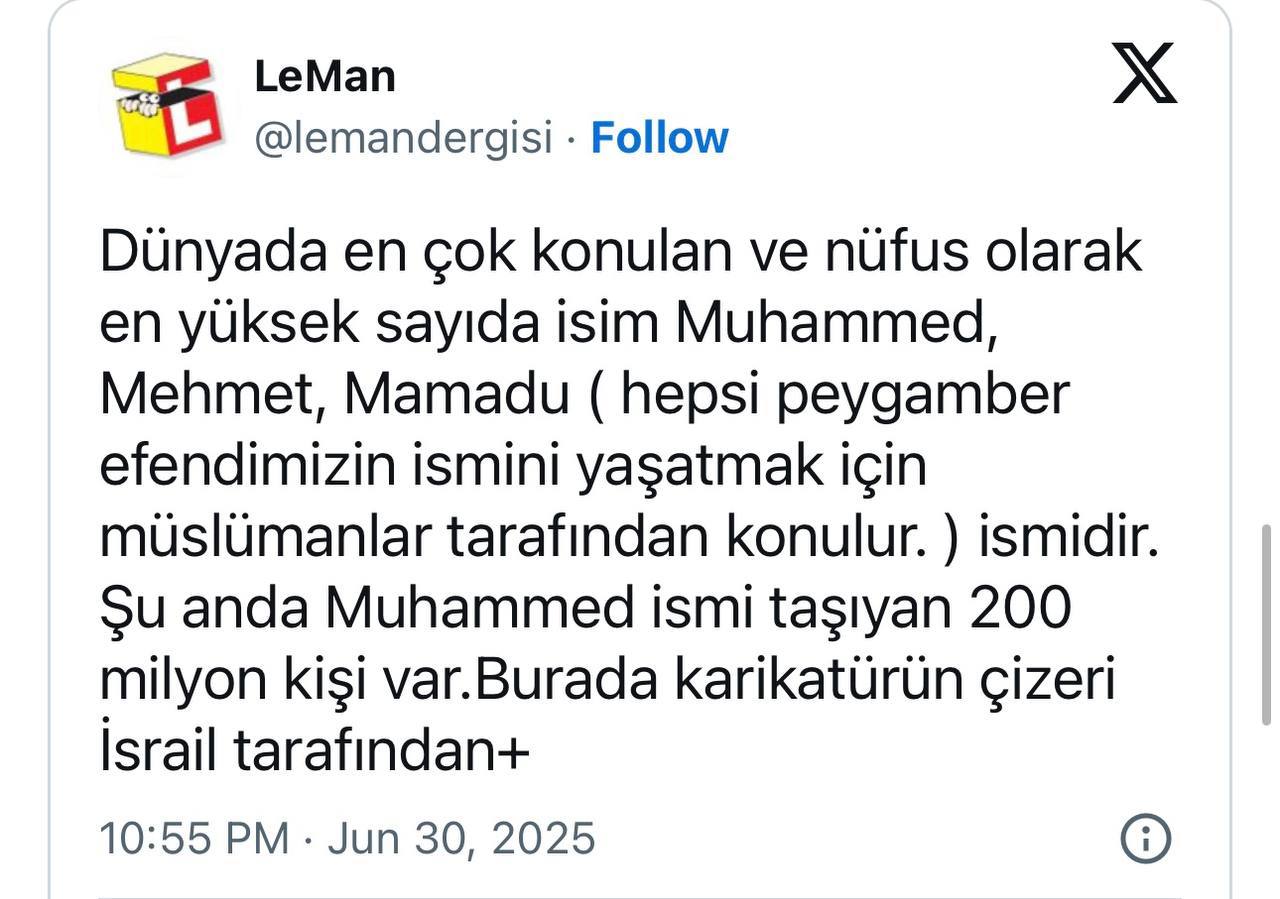 В Турции - громкий скандал вокруг сатирического журнала Leman Поводом стала карикатура, где на фоне обстреливаемого города изображены два персонажа: один представляется как «Мухаммед», другой - «Муса» Моисей . На фоне - ракеты, разруха, а в диалоге фигурирует приветствие: - «Селямун алейкум, я — Мухаммед», - «Алейхем шалом, я — Муса». Иллюстрация вызвала бурную волну негодования: религиозные пользователи увидели в этом попытку изобразить пророка - что строго запрещено в Исламе. Редакция Leman опубликовала официальное заявление, в котором чётко обозначила свою позицию: «Мы не принимаем на себя эту клевету. В карикатуре нет изображения Пророка. Это - провокационная интерпретация, не имеющая отношения к действительности». Они пояснили, что: - Имя «Мухаммед» на рисунке не относится к религиозной фигуре, а к обычному человеку, как миллионы других мусульман. - Цель карикатуры - выразить солидарность с мусульманами, погибающими под израильскими бомбардировками. - Редакция осудила всех, кто намеренно искажает смысл публикации ради провокации. И в то же время принесла извинения тем, кто искренне почувствовал себя задетым. Однако объяснения не помогли. Против журнала возбудили уголовное дело по статье «оскорбление религиозных ценностей». Четырех человек задержали. Было принято решение изъять из продажи весь тираж номера с карикатурой. Общественная реакция - мгновенная и резкая. У здания редакции в центре Стамбула вечером собралась многолюдная толпа. Прямо на улице совершили вечернюю молитву. В толпе звучали лозунги: «Кемалистские псы ответят!» «Да здравствует шариат!» На улицах - накал. В соцсетях - спор. Кто-то говорит о свободе выражения. Другие - о священных границах, которые нельзя переступать. Журнал Leman всегда славился провокациями - но теперь вопрос в другом: Можно ли в Турции сегодня позволить себе сатиру на религиозную тему - и к чему это приведёт? #обсуждаем_ProТурцию