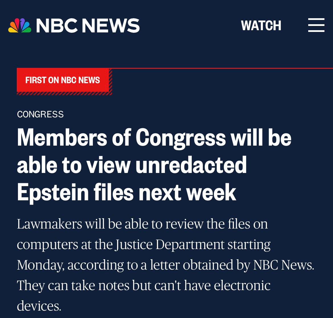 Члены Конгресса США на следующей неделе смогут ознакомиться с неотредактированной версией файлов Эпштейна NBC News По данным издания законодатели получили письмо с информацией об этом от представителей Минюста Каждый из них сможет сделать это в личном порядке Доступная для ознакомления информация включает 3 миллиона файлов которые доступны широкой публике в отредактированном виде а не все существующие документы При изучении материалов дела сутенёра посетители не смогут пользоваться личной техникой но им будет разрешено делать письменные заметки Закон о публикации документов касающихся преступлений Джеффри Эпштейна позволяет генпрокурору США скрыть от общественности материалы угрожающие ходу расследования и национальной безопасности США Задонатить через бота Patreon