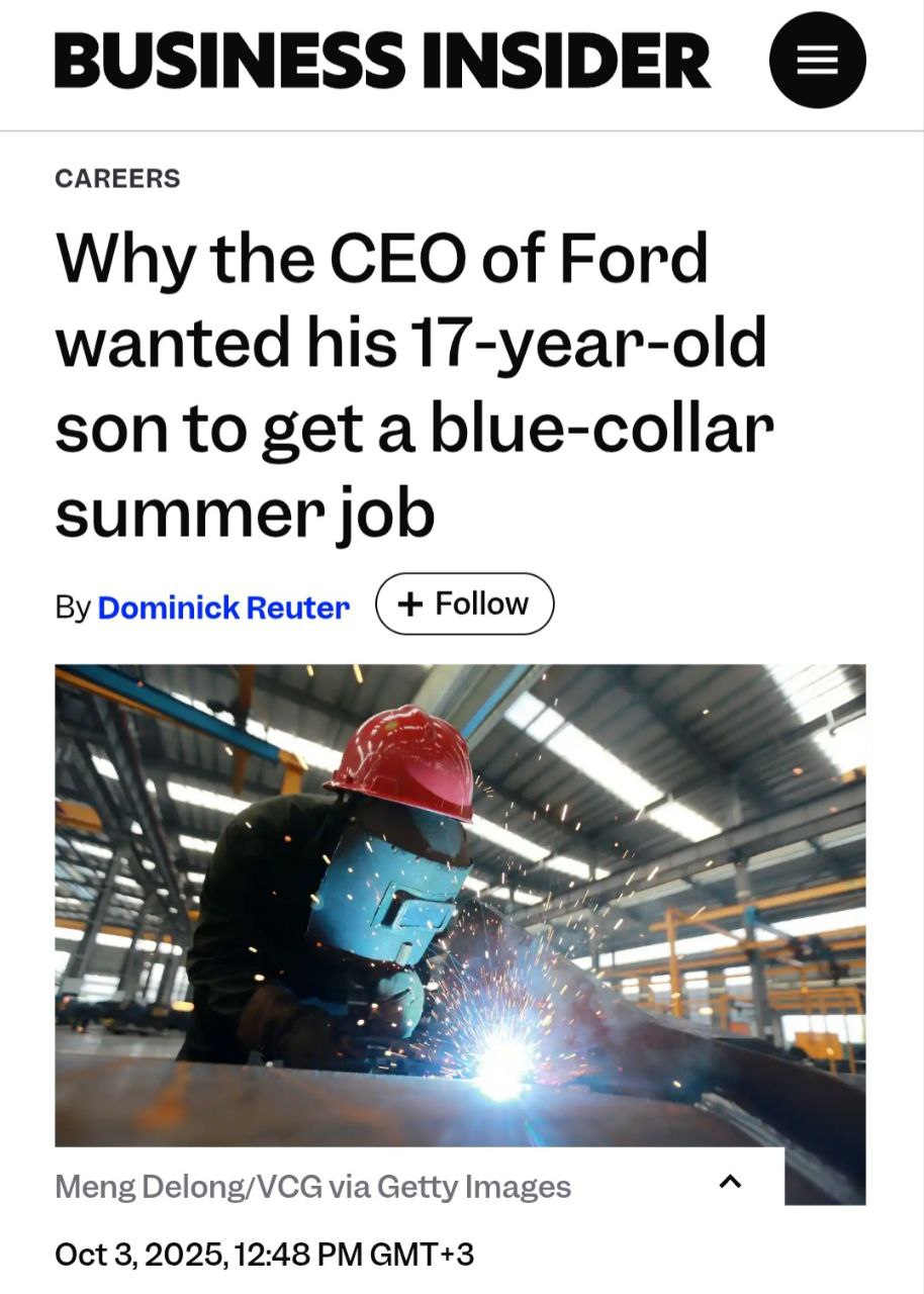 Гендиректор Ford решил сделать 17 летнего сына сварщиком потому что на производстве не хватало работяг Пакет вознаграждения самого Джима Фарли в 2024 году составил 24 9 млн долларов но для парня этих денег не существует Если он окажется величайшим сварщиком или механиком который лучше других работает с дизельными двигателями я буду очень рад Со слов топ менеджера Америке не хватает людей для поддержки общества когда что то идёт не так Говоря это он имеет в виду синих воротничков от сантехников швей и электриков до фельдшеров скорой помощи Мы где то ввяжемся в войну и Google не будет производить ботинки зато Ford будет Стратегические инвестиции в действии