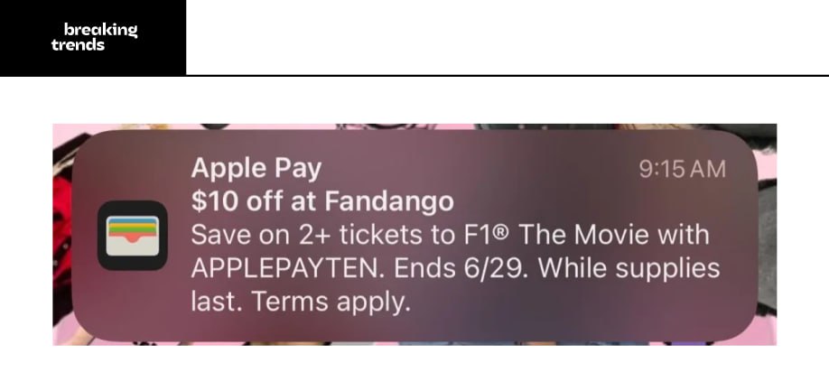 Apple продвигает свой фильм о Формуле-1 с помощью пуш-уведомления через Apple Wallet — пользователям предлагают $10 скидку на просмотр. Пользователи в сети недовольны: уведомление похоже на системное, и выглядит как навязчивая реклама. Многие вспомнили скандальную кампанию Apple с альбомом U2 в 2014 году, когда 500 миллионов пользователей получили его в iTunes без разрешения и возможности удалить. Тогда компании пришлось экстренно выпустить инструмент для удаления музыкальных альбомов из профиля. Breaking Trends