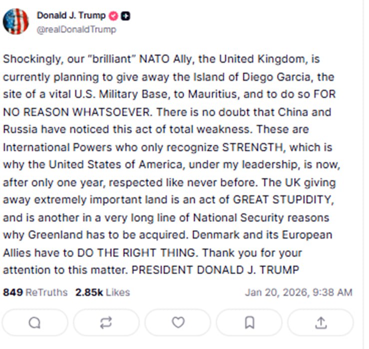 Трамп раскритиковал Британию за передачу острова Диего Гарсия где расположена военная база США Маврикию Передача Британией чрезвычайно важной территории это акт большой глупости и еще одна из очень длинного списка причин связанных с национальной безопасностью по которым Гренландию необходимо вернуть Дания и ее европейские союзники должны поступить правильно заявил он   Telegram MAX Читать эксклюзив