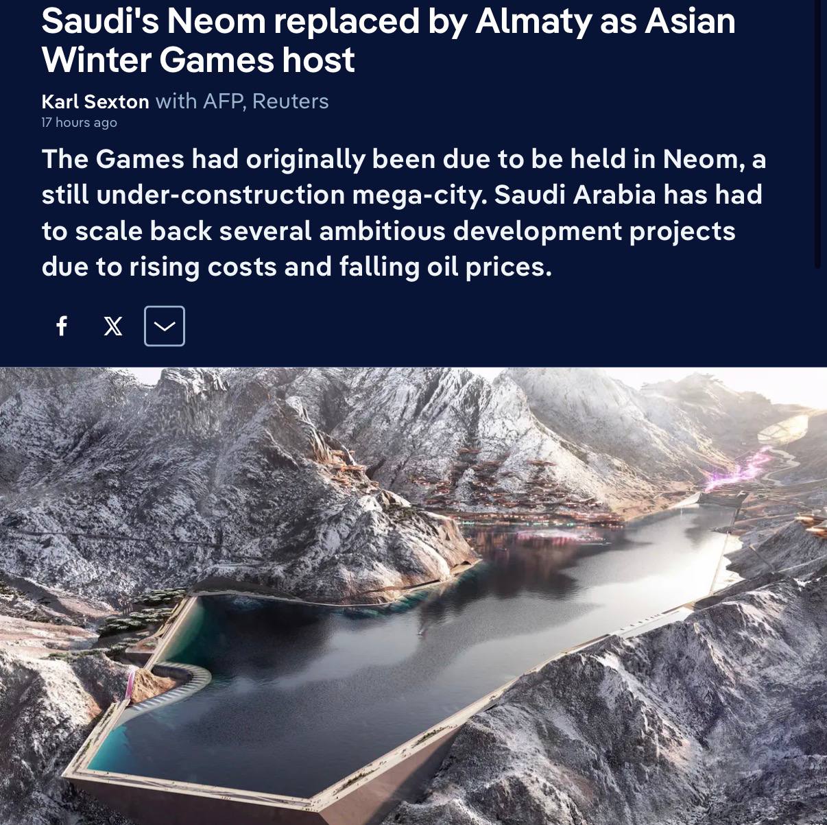 Зимние Азиатские игры 2029 года перенесены в Казахстан с первоначально запланированного места проведения в Саудовской Аравии сообщает DW Олимпийский совет Азии сообщил что Игры будут проходить в Алматы Это решение было сделано во время зимней Олимпиады которая проходит в Милане Первоначально предполагалось провести это мероприятие в рамках масштабного проекта Neom однако сроки его реализации были отложены из за увеличения затрат и пересмотра крупных инициатив в Саудовской Аравии