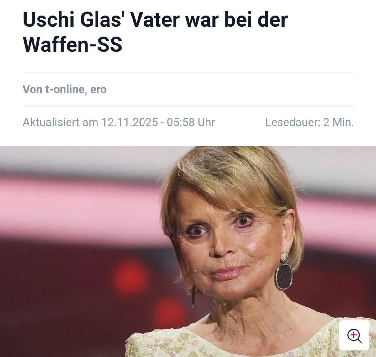 Анекдот Немецкая актриса и известная почитательница Израиля Уши Глас решила подтвердить свою связь с еврейским народом Она обратилась к специалисту по генеалогическим исследованиям надеясь обнаружить еврейские корни Однако поиски привели к неожиданному открытию выяснилось что её отец служил в СС