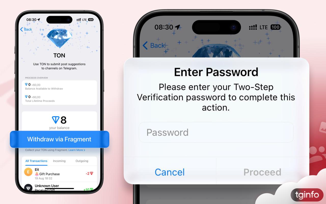 Вывод TON из личного счёта через Fragment Пользователи Beta версии Telegram для iOS под номером 11 15 получили возможность выводить TON из личного счёта через платформу Fragment TON попадает на личный счёт Telegram когда например пользователь продаёт подарок не за звёзды а за криптовалюту Этот счёт отдельный от баланса каналов Для инициализации вывода необходимо ввести облачный пароль Как и для других видов взаимодействия с Fragment для получения средств скорее всего нужно будет пройти проверку KYC Что думаете Круто Ну такое TON Подписаться UCN про Telegram