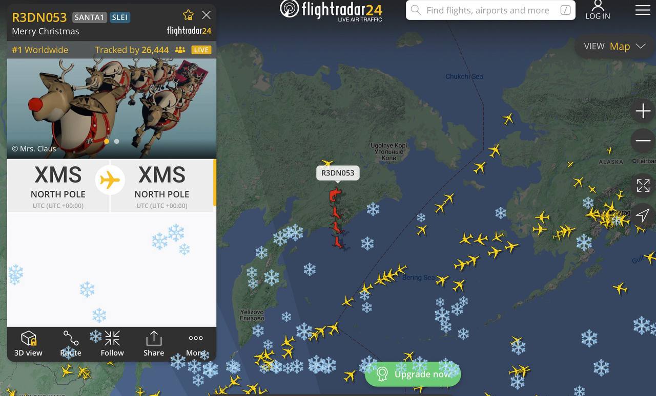 На FlightRadar24 в канун Рождества традиционно появился "рейс" Санта-Клауса. Каждый год 24 декабря он появляется на карте популярного сервиса отслеживания полетов.    За "рейсом" следят десятки тысяч людей.  Санта успевает облететь весь мир и вернуться домой на Северный Полис.