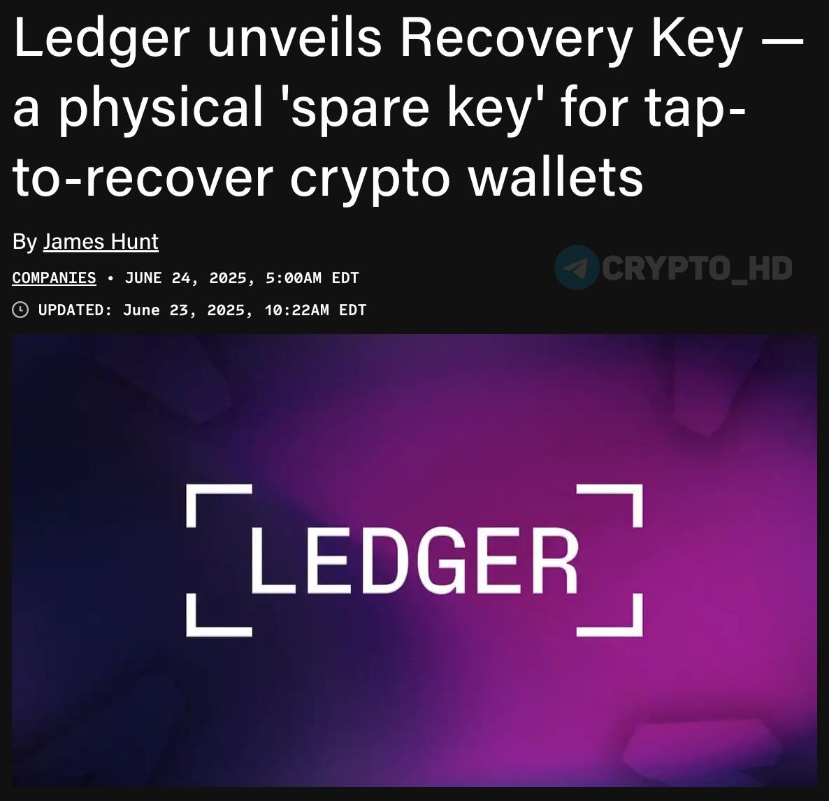 В Ledger запускают Recovery Key — физический «запасной ключ» для криптокошельков original Теперь пользователи Ledger смогут восстановить доступ к кошельку одним касанием и вводом PIN-кода. Ранее: Ledger и Visa Crypto Headlines