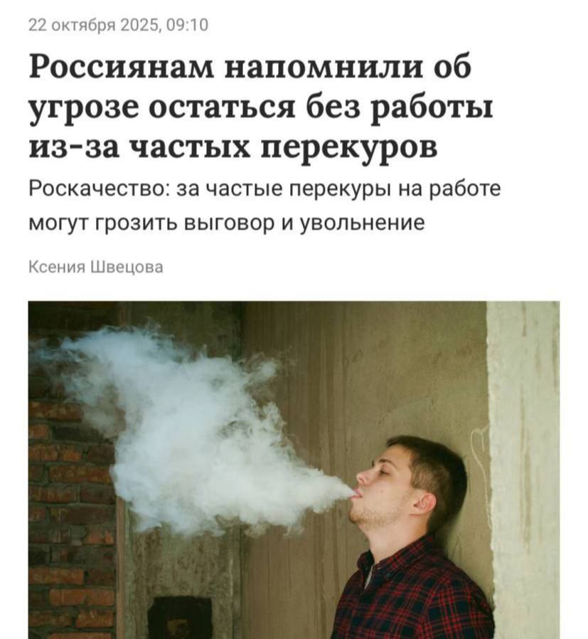 Россиян могут уволить за частые и долгие перекуры вне обеденного перерыва Но уволить сразу не смогут сначала последует предупреждение затем дисциплинарное взыскание и лишь после третьего нарушения сотрудника могут отправить восвояси Прямой эфир