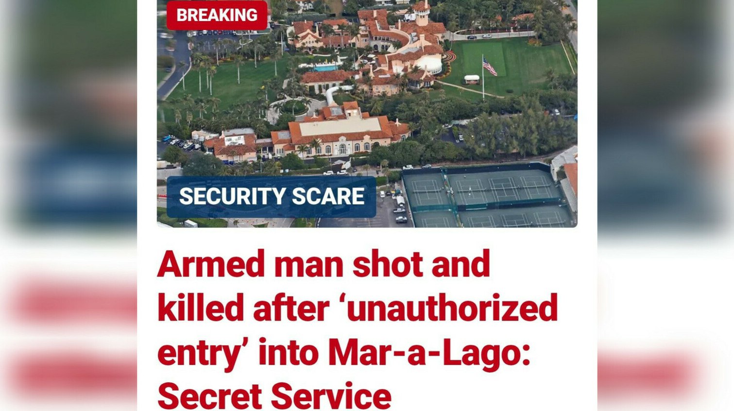 Охрана Трампа застрелила вооружённого мужчину Сотрудники Секретной службы США застрелили вооружённого мужчину который попытался проникнуть на территорию резиденции Мар а Лаго где находится имение президента Дональда Трампа Об этом сообщил телеканал Fox News со ссылкой на ведомство передает ArbatMedia Инцидент произошёл у резиденции Мар а Лаго во Флориде По информации Секретной службы США мужчина примерно 20 лет незаконно вошёл на территорию объекта Его заметили у северных ворот По данным ведомства при нём находился предмет похожий на дробовик а также канистра с топливом Сотрудники охраны открыли огонь Мужчина погиб на месте Президент Дональд Трамп в момент случившегося в резиденции не находился Прислать новость