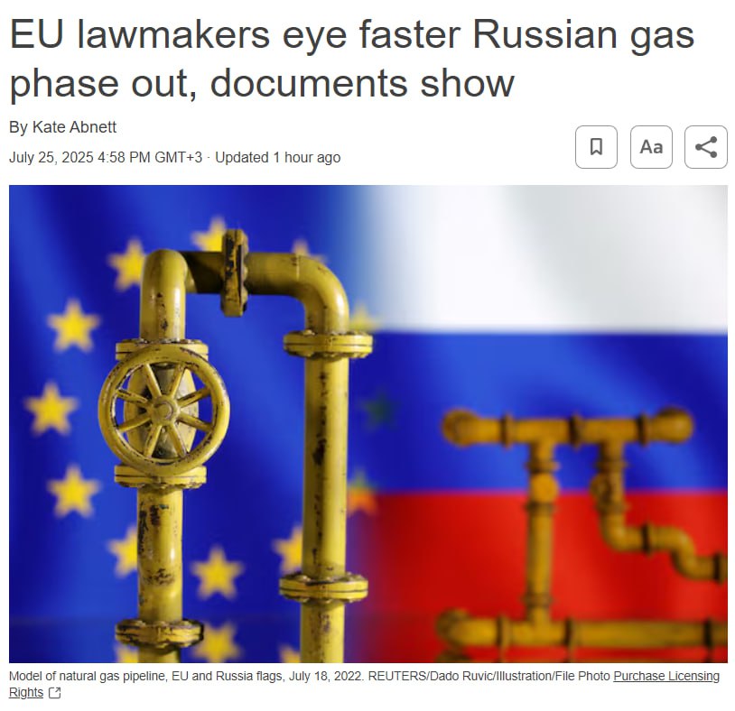 Законодатели ЕС выступают за скорейший отказ от российского газа, свидетельствуют документы — Reuters  Ведущие законодатели парламента, выступающие за запрет на импорт российского газа, предложили перенести этот срок с 1 января 2028 года на 1 января 2027 года.  Читать далее      #GAZP