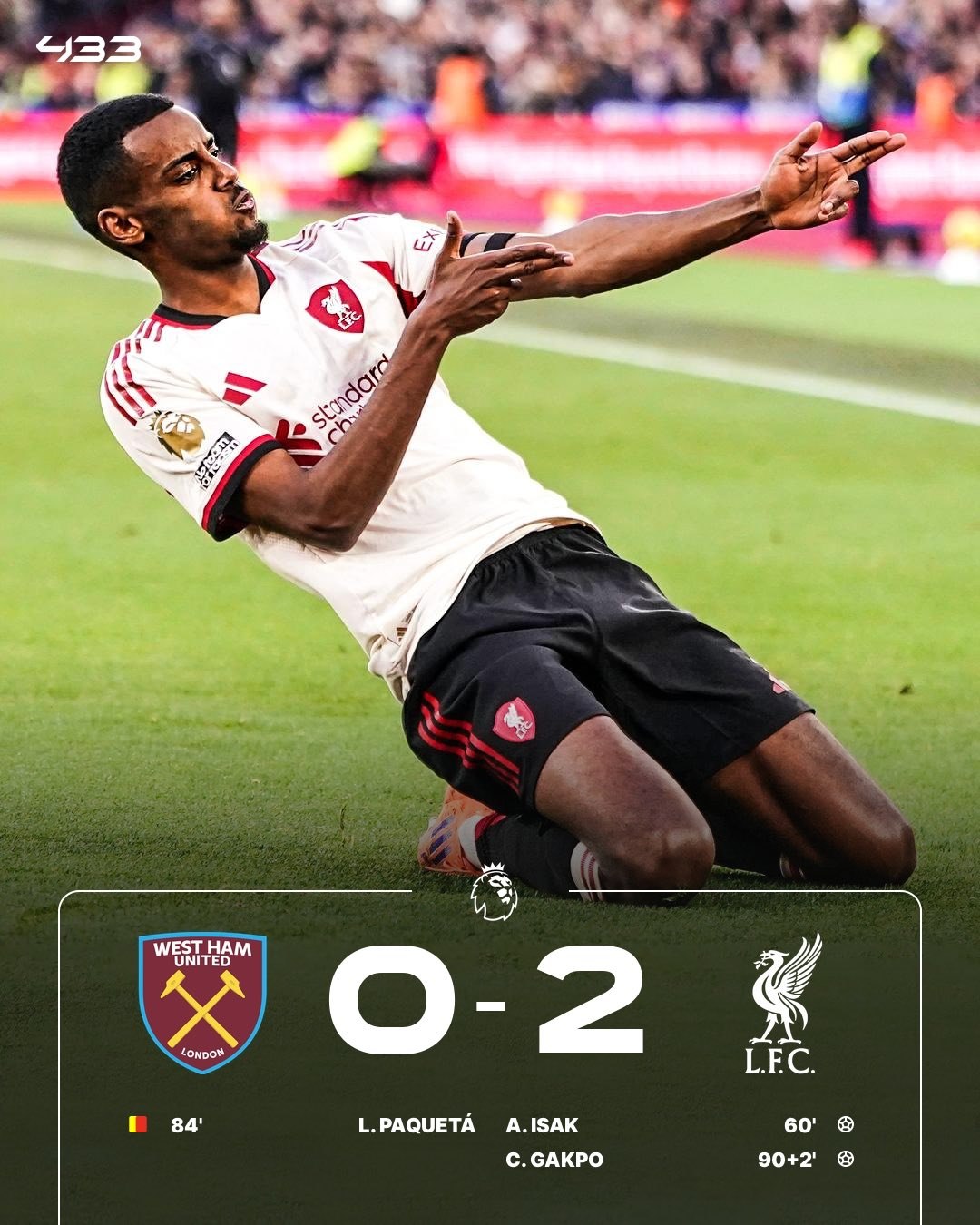 Первый гол Исака в АПЛ за Ливерпуль принес команде выездную победу над Вест Хэмом